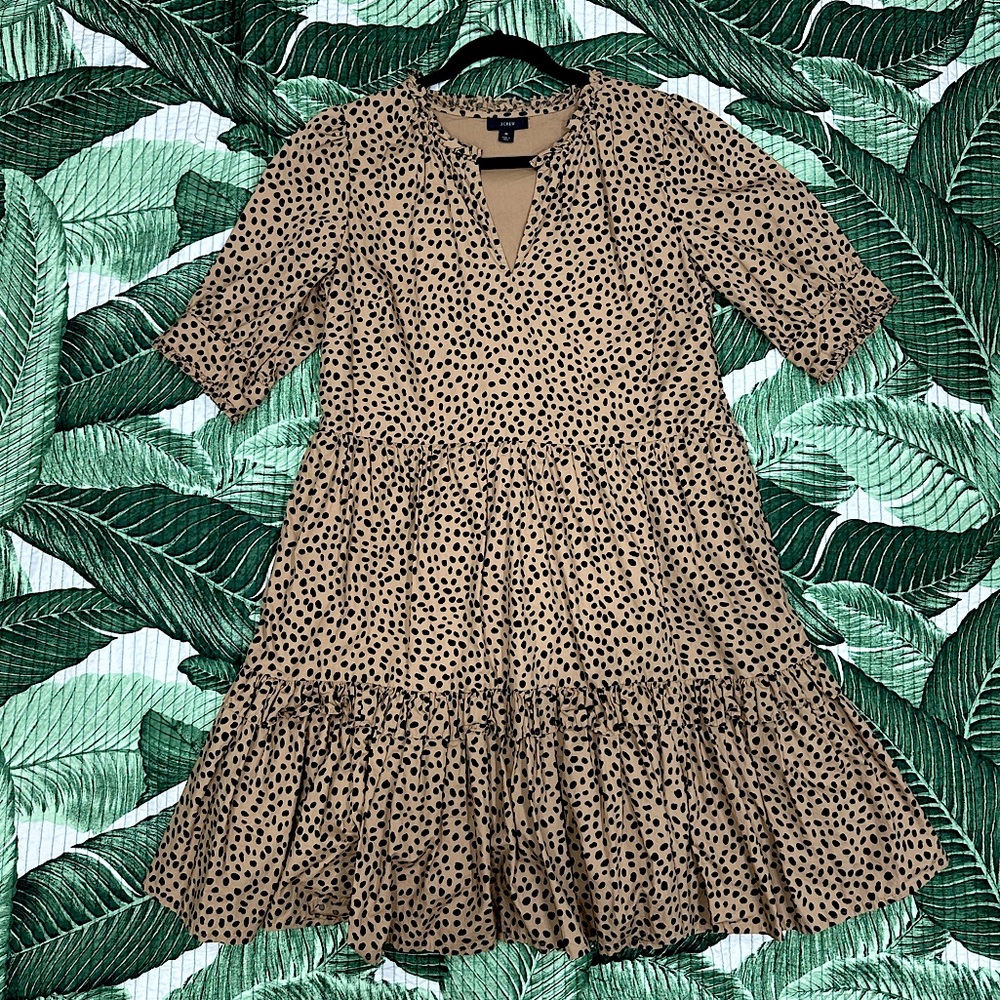 J Crew Swing Dress - Mini Ruffled Tiered Dotted Tan and Black Loose Fit Leopard